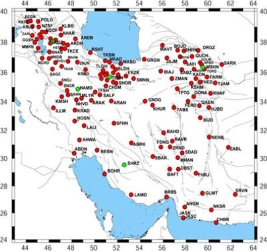پراکندگی شبکه ایستگاه های مبنا ایران با حدود 150 ایستگاه در تعیین موقعیت به روش RTK